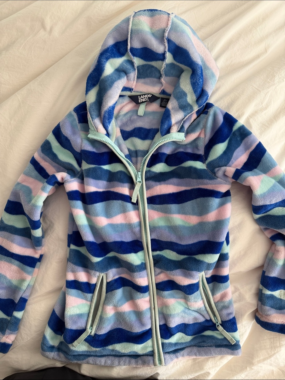 Lands' End Hooded Fleece Jacket in Navy, Light Blue & Pink Stripes